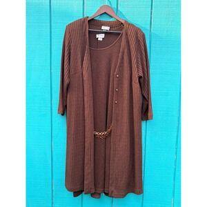 K Woman Brown Metallic Ribbed Cardigan and Chain Detail Dress 2 Piece Set 18W